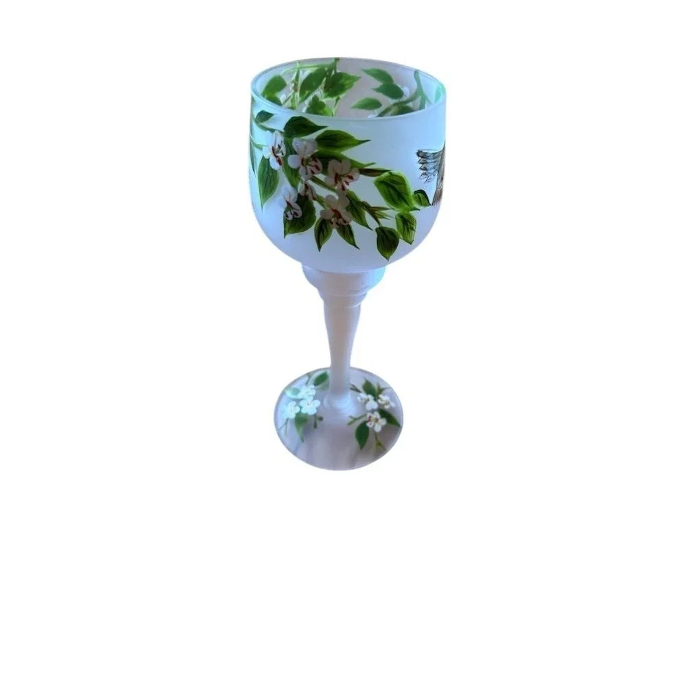AVON‎ Hand Painted Hummingbird Floral Frosted Stemmed Goblet Wine Glass 8in Vtg